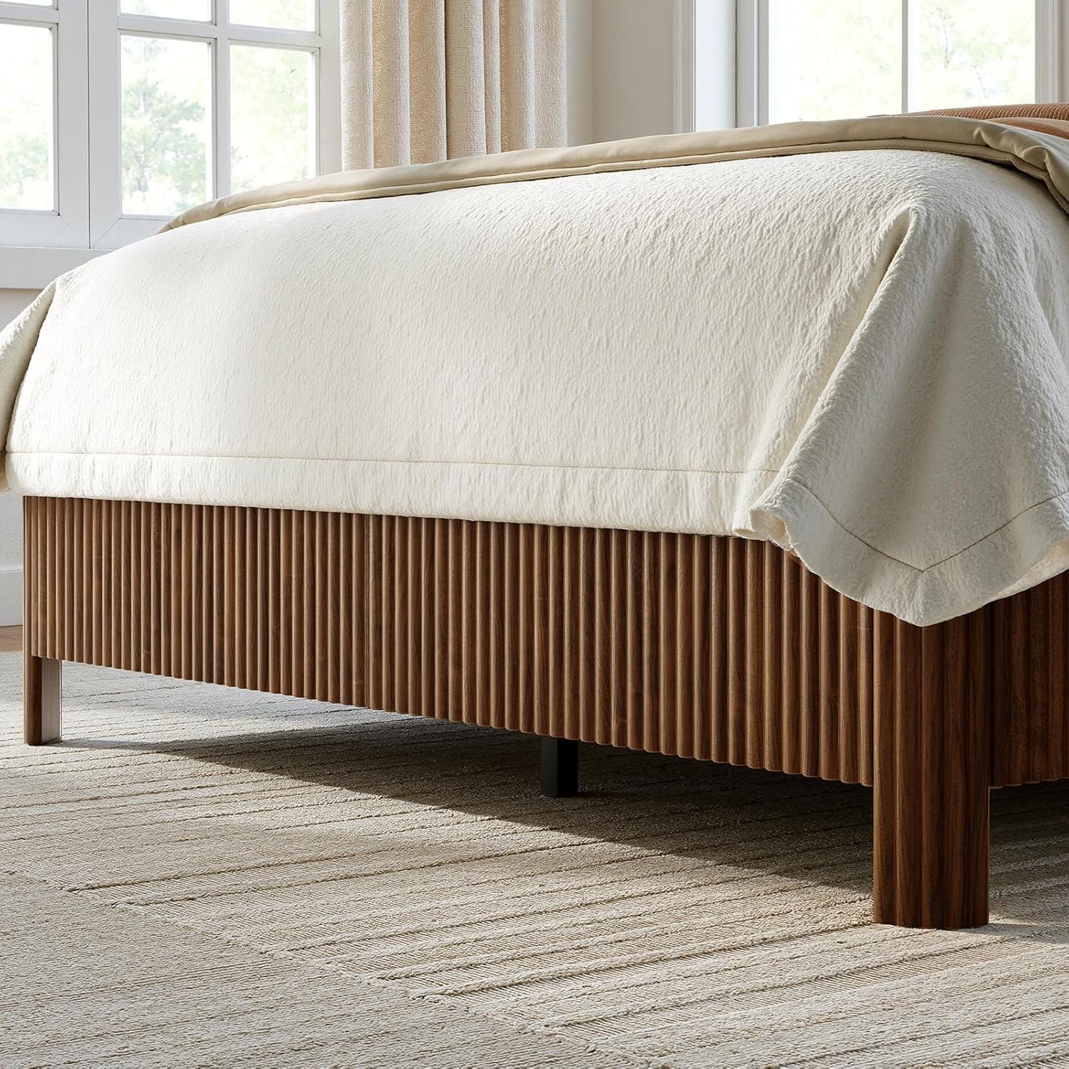 Evermagin Walnut Queen Bed Frame with Headboard, Mid Century Modern Fluted Platform Bed, Boho Wooden Bed Base No Box Spring Needed, Wavy Grooved Panel