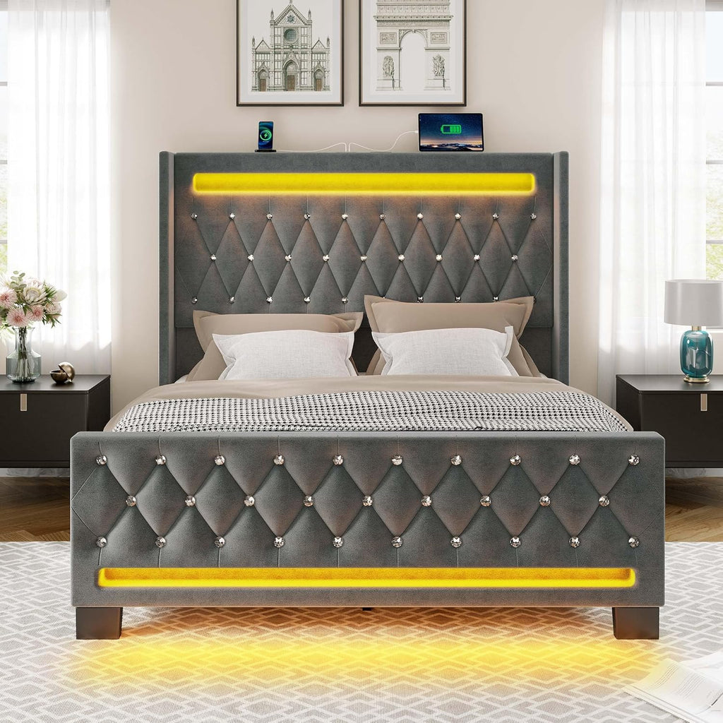 Rolanstar Queen Bed Frame with LED Light and Charging Station, Upholstered High Headboard and Footboard, Wood Slats, Noise Free, Easy Assembly, Grey