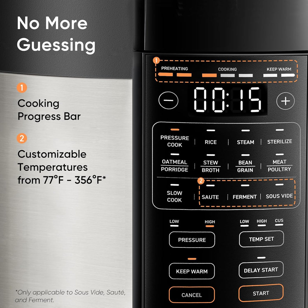 COSORI Pressure Cooker 6QT, Stainless Steel, 9-in-1 Multi Cooker, 12 Safety Features, Ceramic Inner Pot, Rice, Slow Cook, Sous Vide, Saute, 1100W