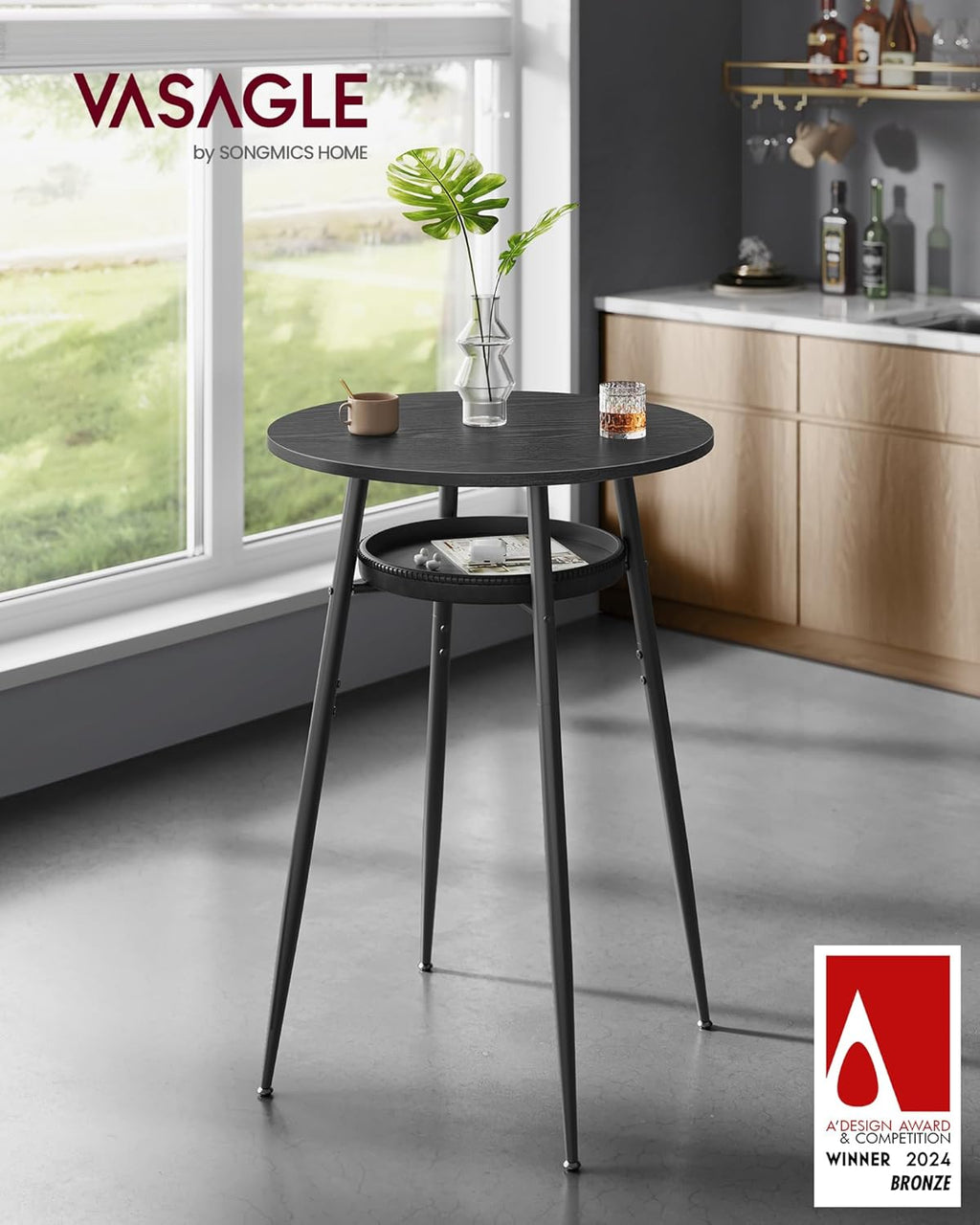 VASAGLE EKHO Collection - Bar Table with Storage, Round High Pub Table, Synthetic Leather with Stitching, Mid-Century Modern, Kitchen Home Bar, Living Room, Easy Assembly, Ebony Black and Ink Black