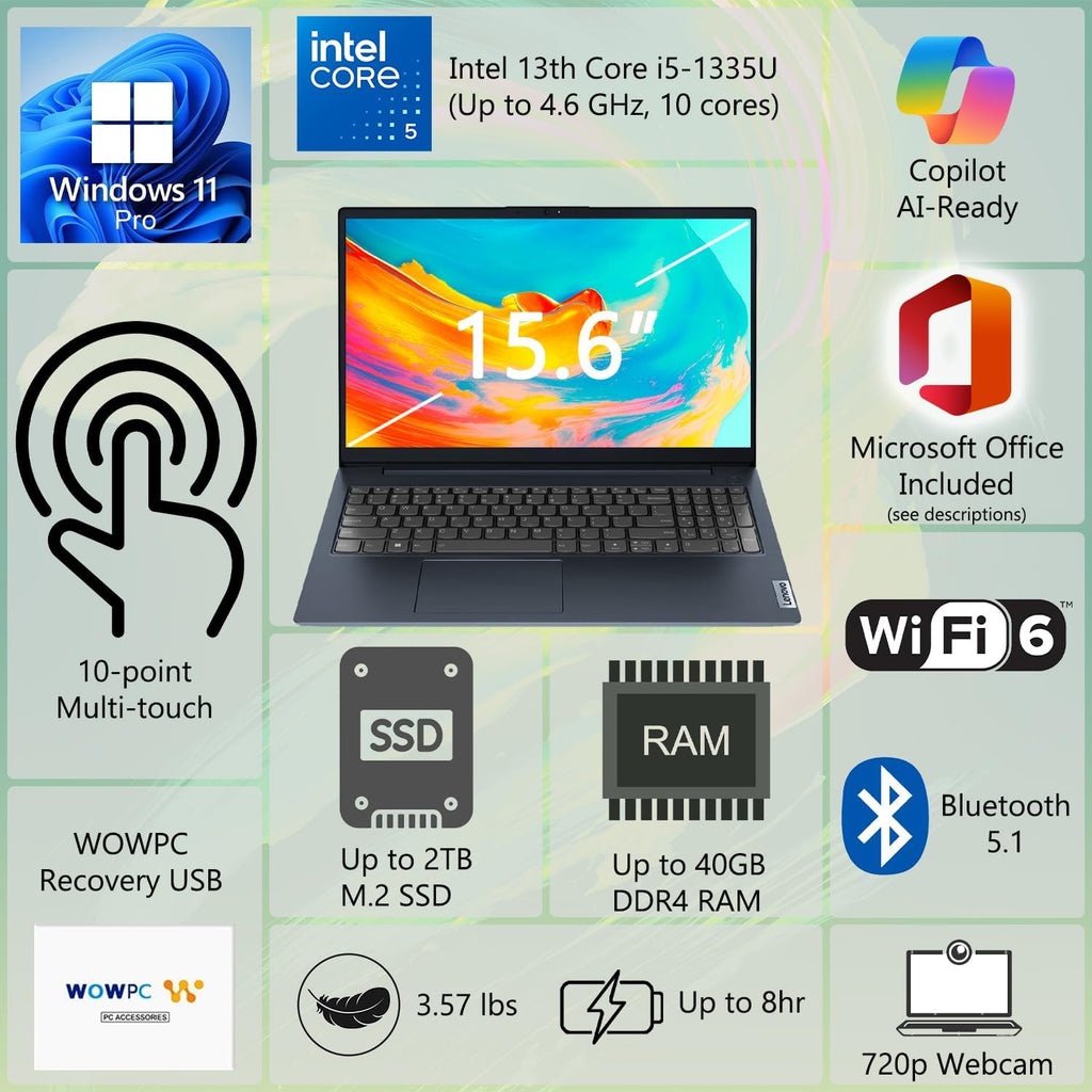 Lenovo IdeaPad Business Laptop  15.6" FHD Touchscreen Display  Intel 13th 10-Core i5 CPU (Up to 4.6 GHz)  16GB RAM  512B SSD  Copilot AI Ready  Wi-Fi 6  Windows 11 Pro with Microsoft Office  WOWPC USB