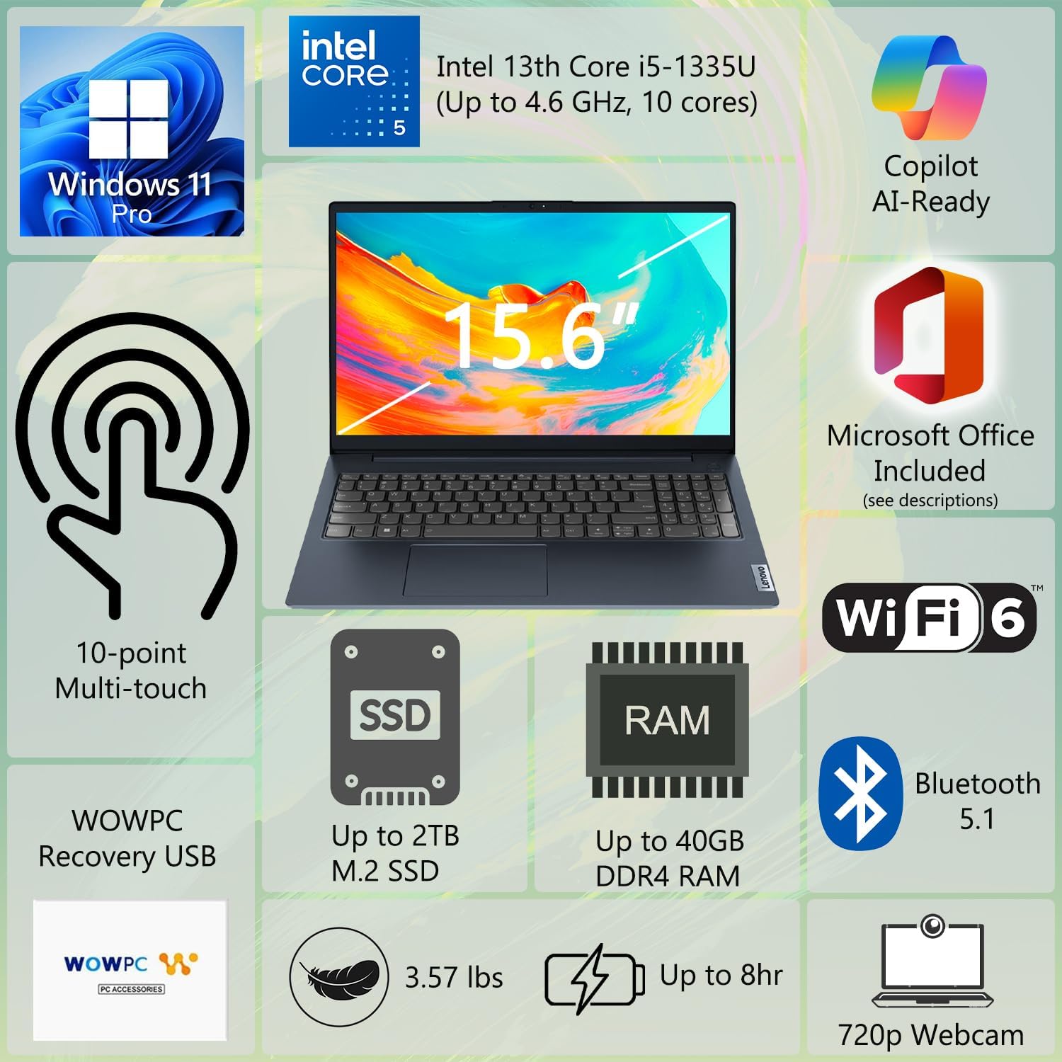 Lenovo IdeaPad Business Laptop  15.6" FHD Touchscreen Display  Intel 13th 10-Core i5 CPU (Up to 4.6 GHz)  16GB RAM  512B SSD  Copilot AI Ready  Wi-Fi 6  Windows 11 Pro with Microsoft Office  WOWPC USB