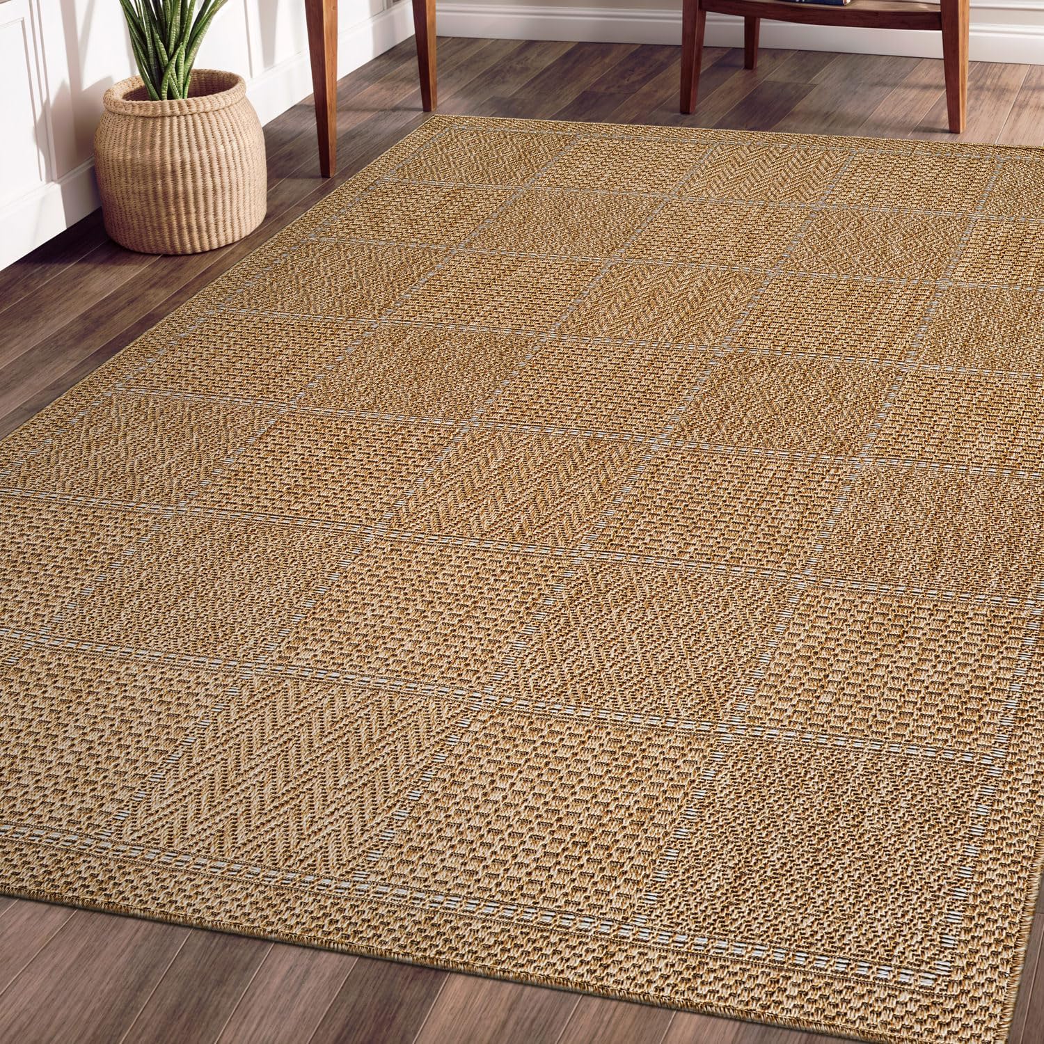 Beverly Rug Easy Jute Checkered Squared Rug 9x12 Washable Large Indoor Outdoor Area Rugs for Living Dining Room Patio Office Stain Resistant Non Shedding Casual Indoor Outside Carpet 9 x 12 Natural