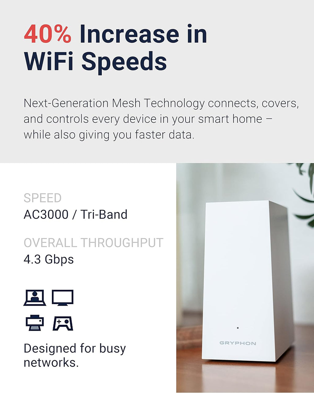 Gryphon AX – Ultra-Fast Mesh WiFi 6 Parental Control Router – Advanced Content Filters and Next-Gen Firewall - 4.3 Gbps Across 3 000 sq. ft. per Router for Multi-Device Households