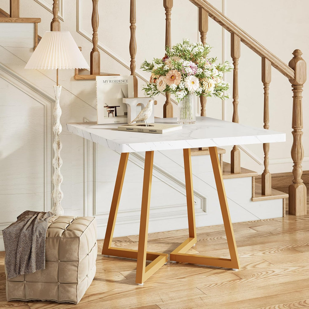 LITTLE TREE 31.5 Inches Small Dining Table for 4, Square Dinner Table for Small Space, Dining Room Tables, White Gold Wooden Kitchen Table with Metal Legs, Modern Leisure Cafe Table for Apartment