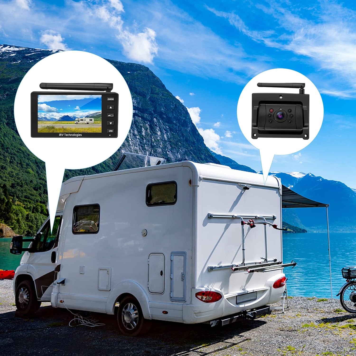Backup Camera ProAuto iRVCM1 Wireless Rear Camera 5" Monitor and IP66 Waterproof Camera Auto Pairing Infrared Night Version 120°Angle Rear View Reverse Camera with Astern Indicator Line for Car  RV
