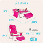 Ostrich the Deluxe 3N1 Lightweight Lawn Beach Reclining Lounge Chair with Footrest, Outdoor Furniture for Patio, Balcony, Backyard, or Porch, Pink