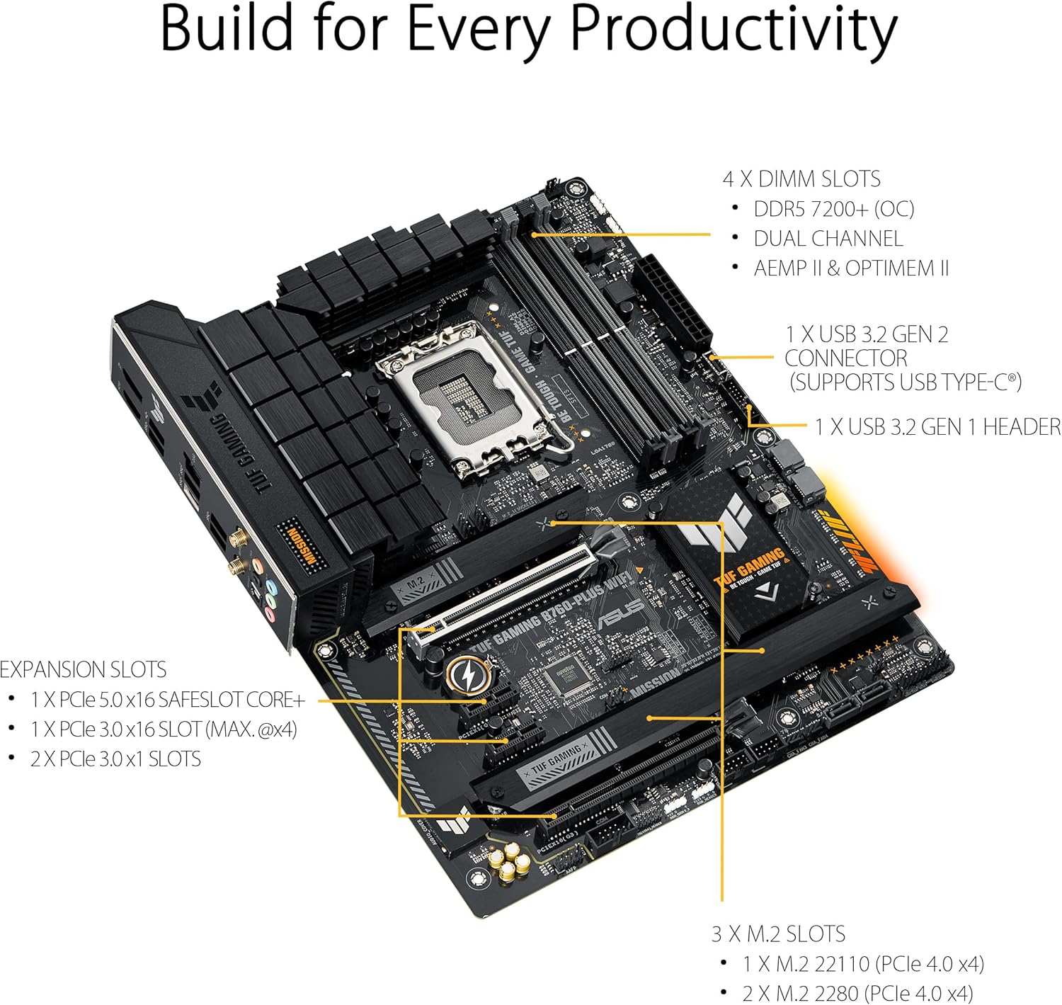 ASUS TUF GAMING B760-PLUS WIFI Intel B760 LGA 1700 ATX motherboard, Ready for 14th, 13th & 12th Gen Intel® Core CPU, 12+1+1 Stages, PCIe 5.0, 3x M.2, DDR5, 2.5G, USB 3.2 Type-C®, Thunderbolt 4™, USB4®