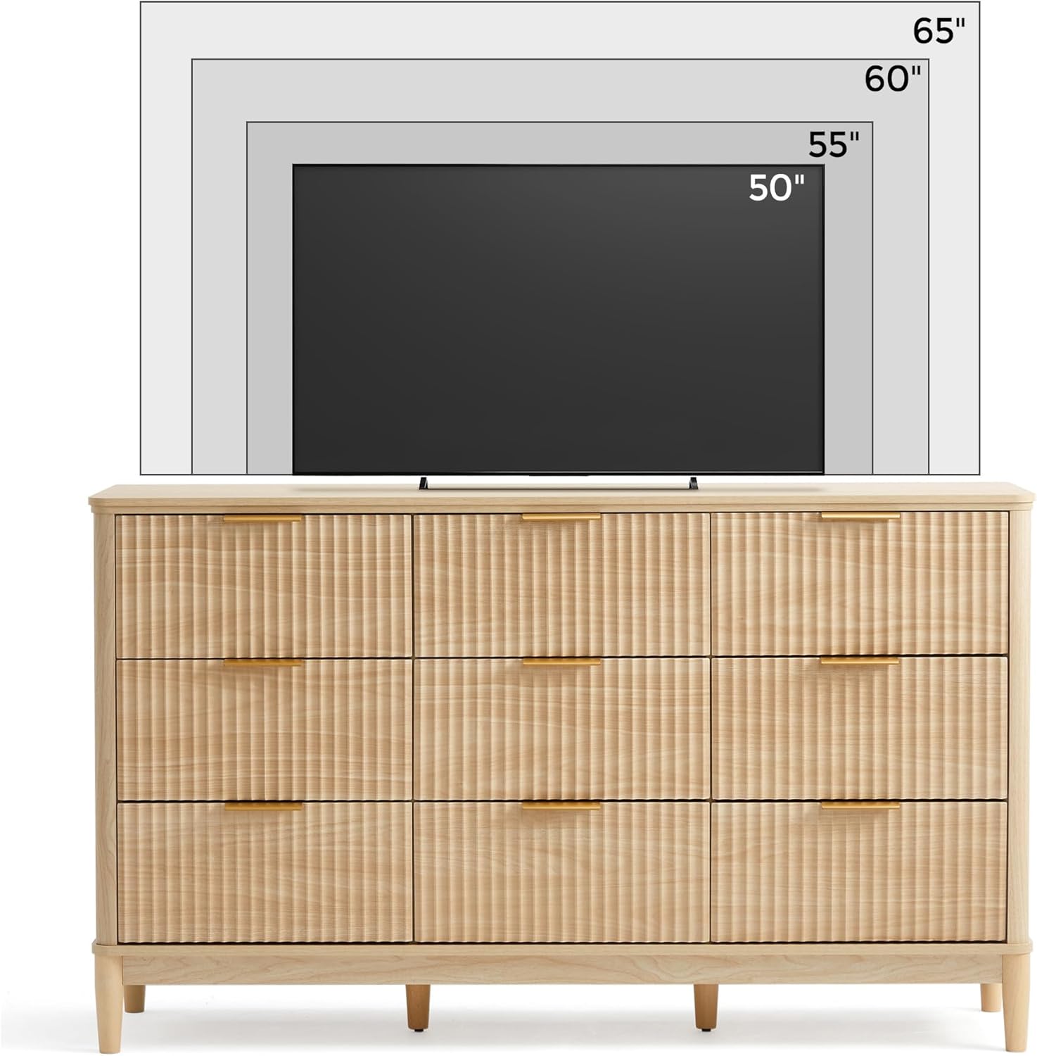 LINSY HOME Fluted Dresser for Bedroom with 9 Drawers, 58" Wide Mid Century Modern Dresser, Tall Boho Chest of Drawers, Large Wood Accent Storage Cabinet for Living Room, Curved Profile Design, Oak