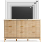 LINSY HOME Fluted Dresser for Bedroom with 9 Drawers, 58" Wide Mid Century Modern Dresser, Tall Boho Chest of Drawers, Large Wood Accent Storage Cabinet for Living Room, Curved Profile Design, Oak