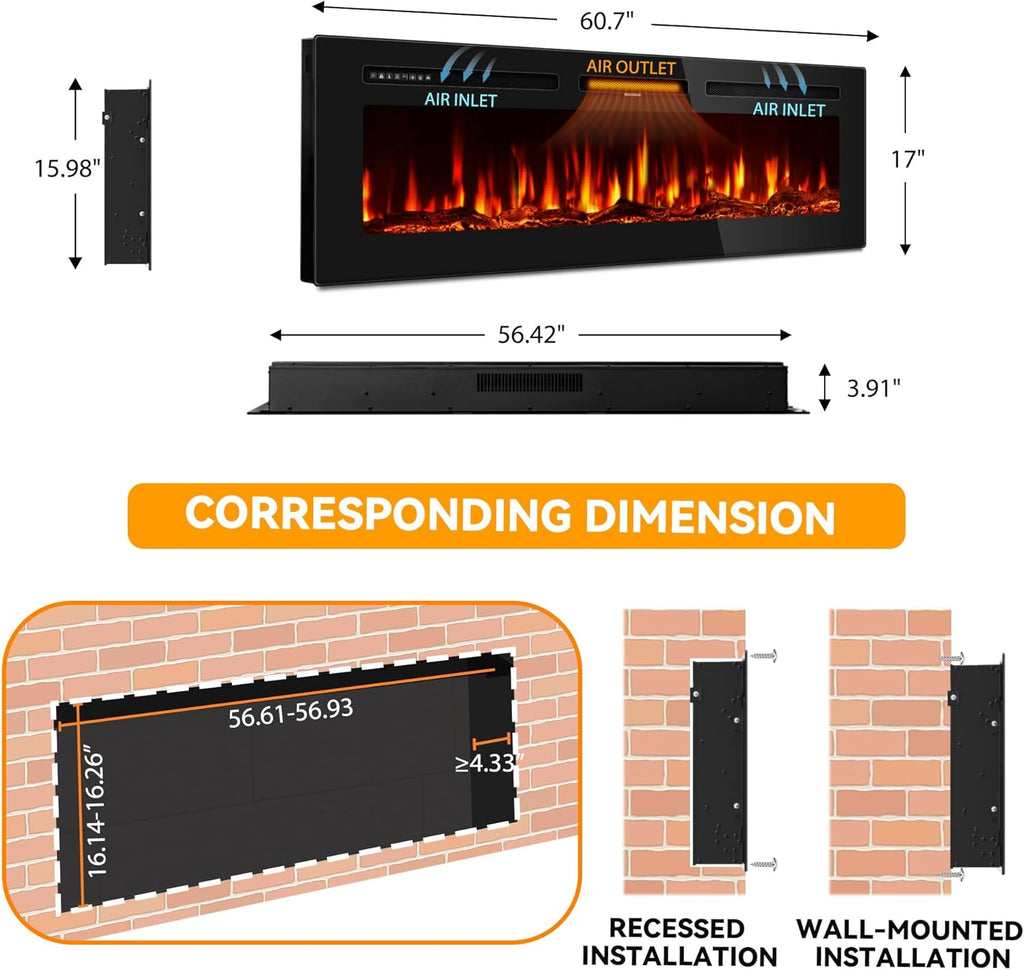 Tehanld 60 Inch Electric Fireplace in-Wall Recessed and Wall Mounted, Ultra-Thin Linear Fireplace Heater 750/1500W with Realistic Flame, Higher Temperatures & Lower Noise, Log Set & Crystal Options