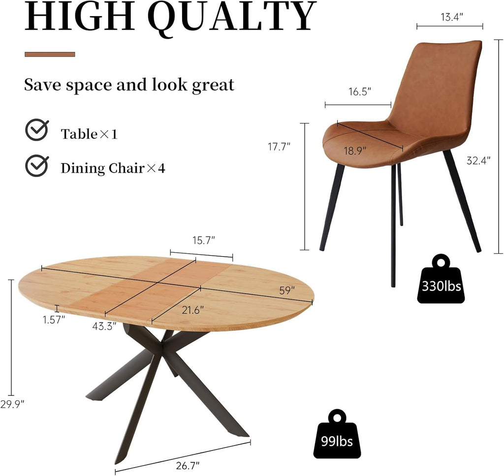 43.2"-59.1" Extendable Round Dining Table Set, Mid Century Modern Wooden Round Table, Leisure Oak Coffee Table,w/ 4 PU Leather Chairs