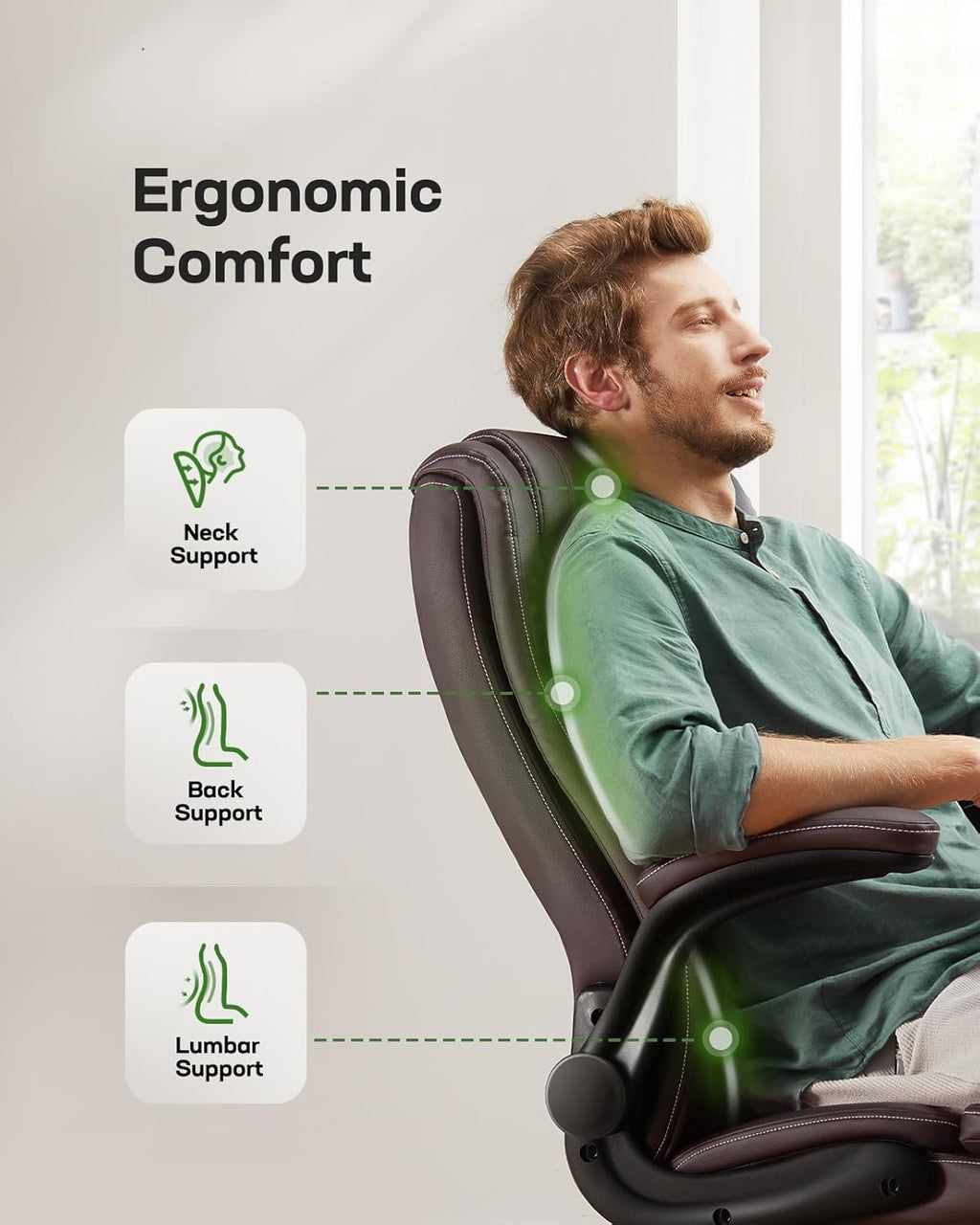 Marsail Executive Office Chair with Flip-up Armrests,PU Leather Ergonomic Desk Chair Height-Adjustable Swivel Rolling Desk Chair