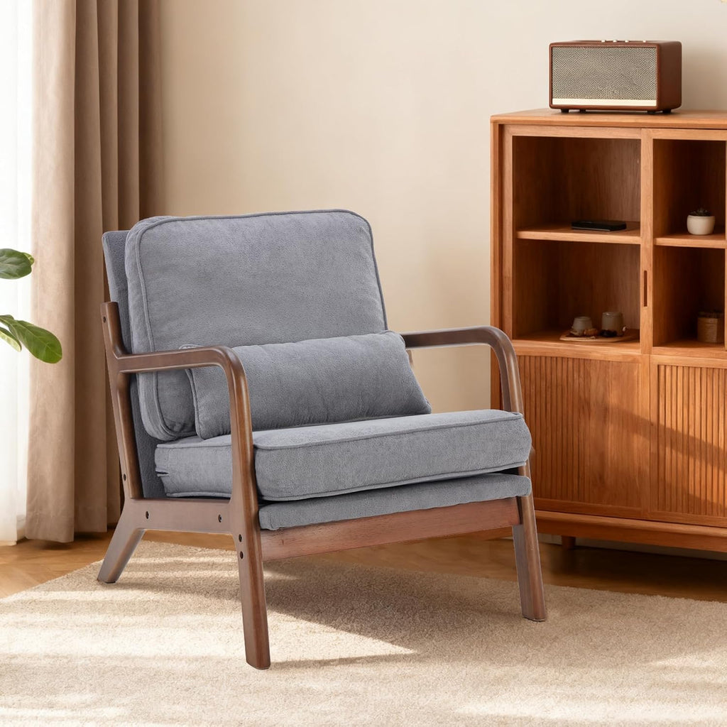 DUMOS Mid Century Accent Chair, Modern Living Room Chair with Arms and Waist Cushion, Reading Chairs for Adults, Lounge Chair for Bedroom, Solid Wooden Frame, Light Grey