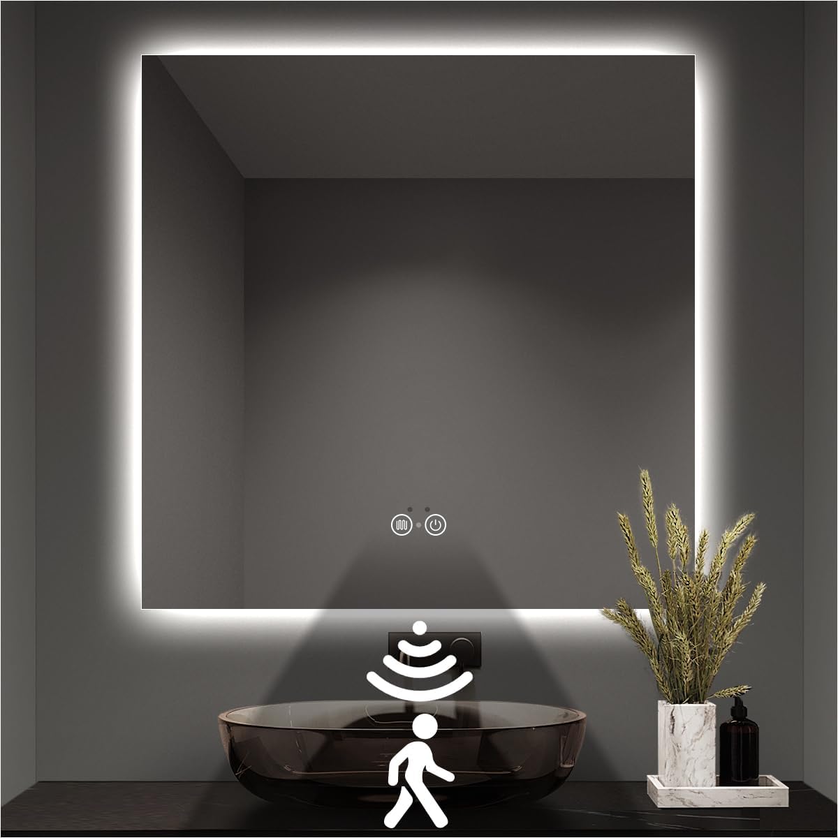Backlit LED Bathroom Mirror, Infrared Motion Sensor Vanity Mirror with 3-Color Lights, Stepless Dimmable Wall Lighted Mirror with Anti-Fog, Memory, Rectangular (36" H x 36" W)