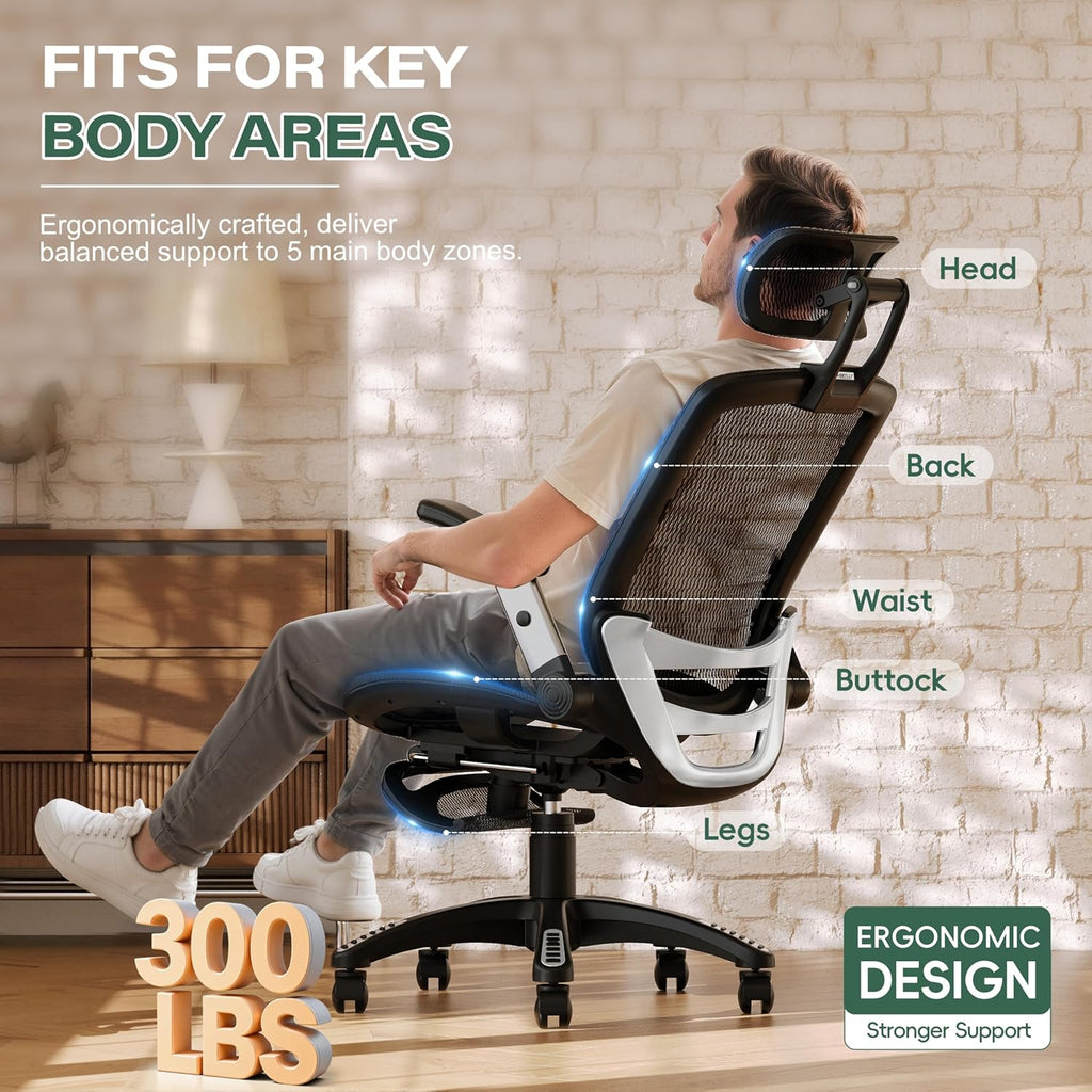 GABRYLLY Ergonomic Office Chair with Footrest, High Back Home Desk Chair - 3D Headrest, Flip-Up Arms, 135° Tilt and Wide Cushion, Heavy Duty Mesh Chairs for Task Computer Gaming,GYB01-FT