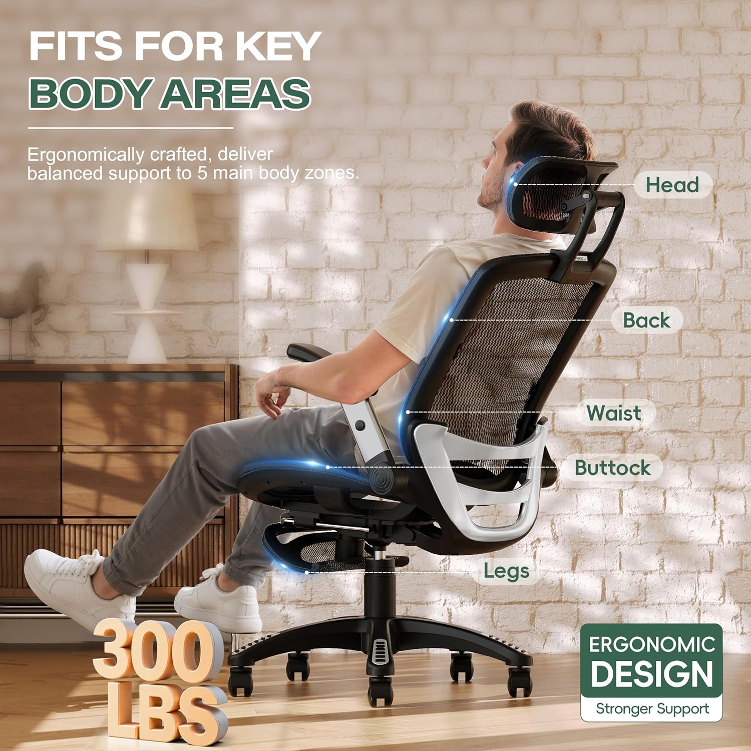 GABRYLLY Ergonomic Office Chair with Footrest, High Back Home Desk Chair - 3D Headrest, Flip-Up Arms, 135° Tilt and Wide Cushion, Heavy Duty Mesh Chairs for Task Computer Gaming,GYB01-FT