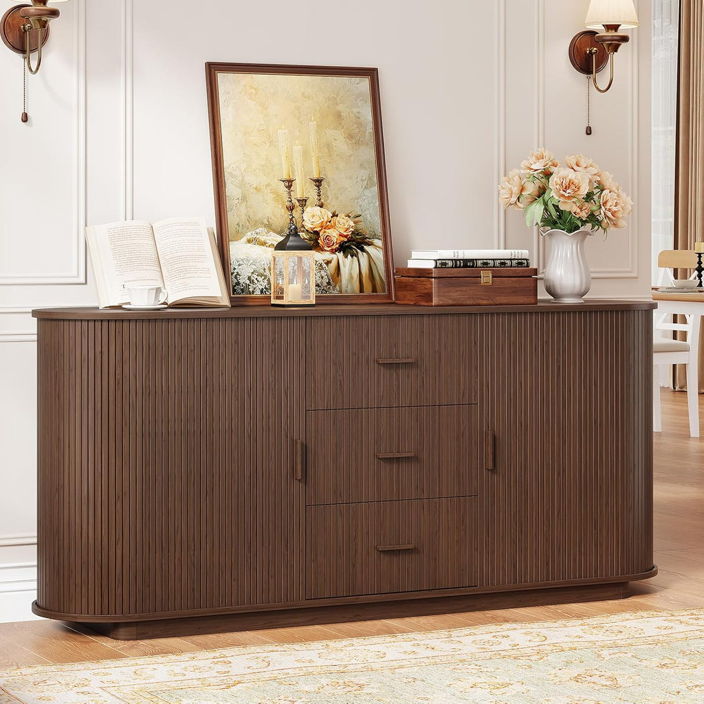 ONBRILL 63" Fluted Sideboard Buffet Cabinet with 3 Drawers & 2 Doors, Mid-Century Modern Buffet Sideboard Cabinet with Storage, Coffee Bar Table with Adjustable Shelf for Kitchen, Living Room, Walnut