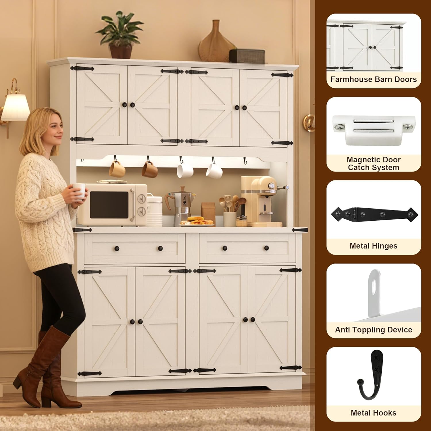 71" Tall Large Pantry Storage Cabinet w/Power Outlet,55" Wide Farmhouse Kitchen Hutch Storage Cabinet w/Barn Doors,2 Drawer,Large Countertop,LED Light,Rustic Coffee Bar,6 Hooks,8 Doors Shelves