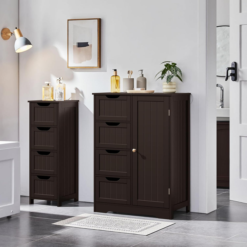 Yaheetech Large Bathroom Floor Cabinet with 4 Drawers and Single Door Cabinet, Freestanding Storage Cabinet for Living Room Kitchen Hallway, Espresso