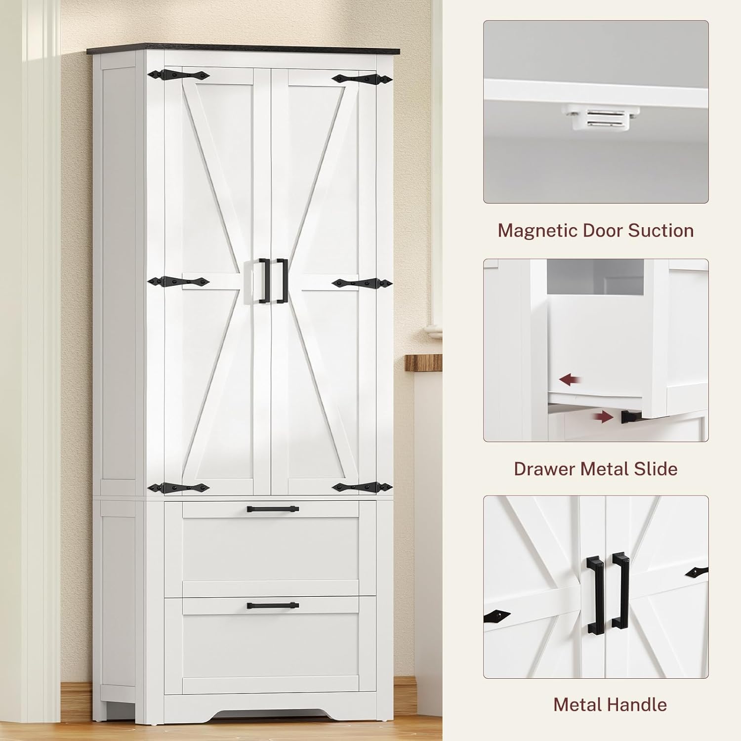 TEENFON 66.2" H Storage Cabinet with 2 Drawers, Farmhouse Kitchen Pantry Cabinet with 2 Doors & Adjustable Shelf, Bathroom Cabinet, for Living Room, Kitchen, Bathroom, White