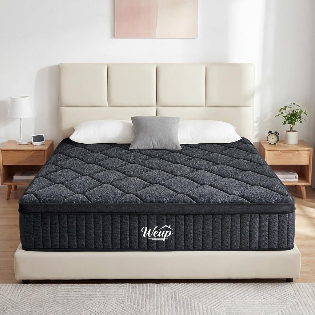 WEUP King Size Mattress, 12 Inch Hybrid Memory Foam Mattress in a Box, Individual Pocket Springs for Pressure Relief, Motion Isolation, Medium Firm Feel, CertiPUR-US Certified（Gray）