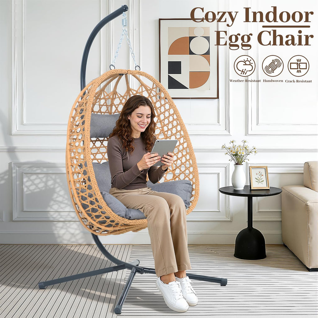 Hanging Egg Chair with Stand & Cushions - All-Weather Rattan Swing Chair for Patio, Balcony, Garden (Modern Boho Design, Ready-to-Use Indoor Outdoor)-Grey
