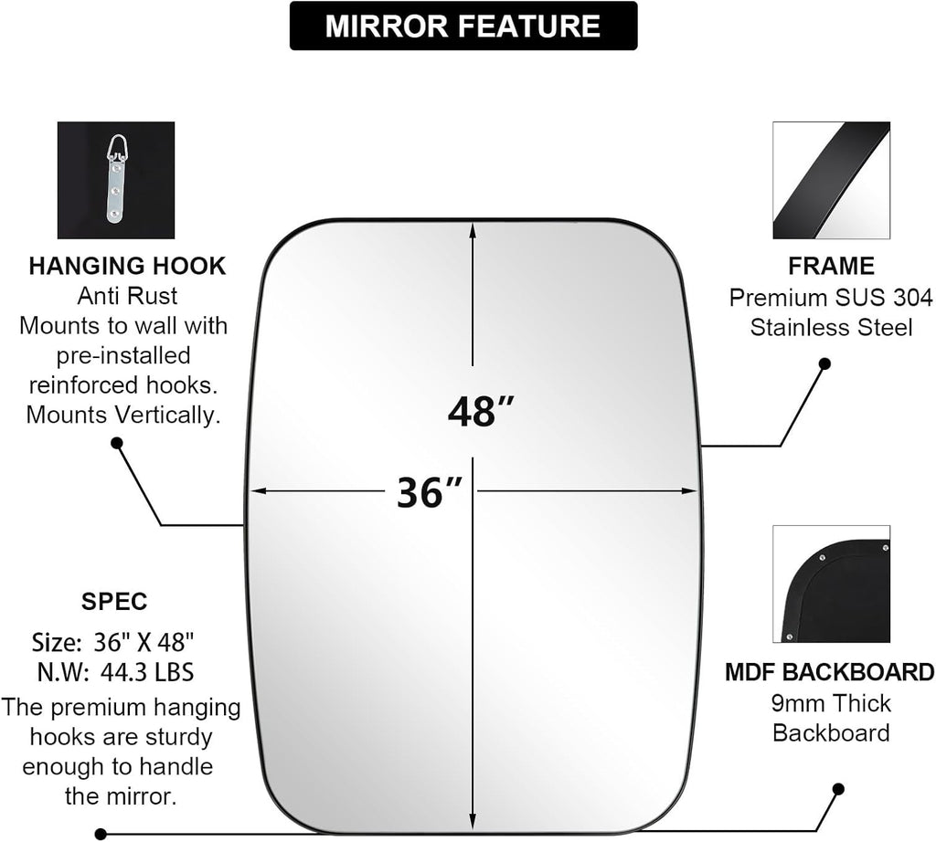 ANDY STAR Black Oblong Mirror, 36x48 Inch Black Oval Mirror for Bathroom with Stainless Steel Metal Frame, Wall Mouned for Bathroom, Living Room, Entryway