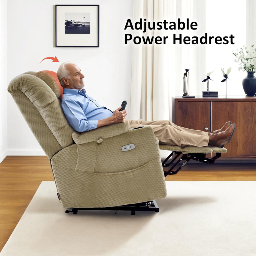 MCombo Large Triple Motor Power Lift Recliner Chair with Massage and Dual Heating, Adjustable Headrest for Tall Elderly People, Fabric 7634 (Beige, Large)