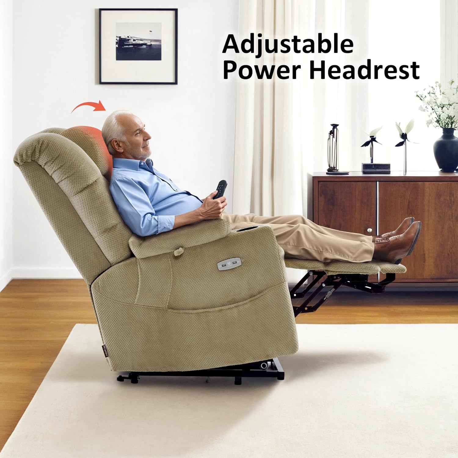 MCombo Large Triple Motor Power Lift Recliner Chair with Massage and Dual Heating, Adjustable Headrest for Tall Elderly People, Fabric 7634 (Beige, Large)