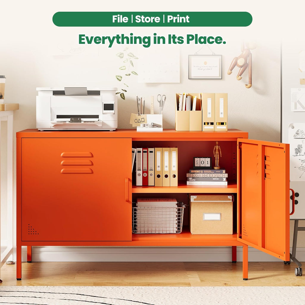 Orange Metal Storage Cabinet with 2 Doors and Adjustable Shelves, Multipurpose Metal Locker Accent Cabinet, 25" H TV Stand, Media Cabinet for Home, Office, Living Room,Kitchen, Music Studio