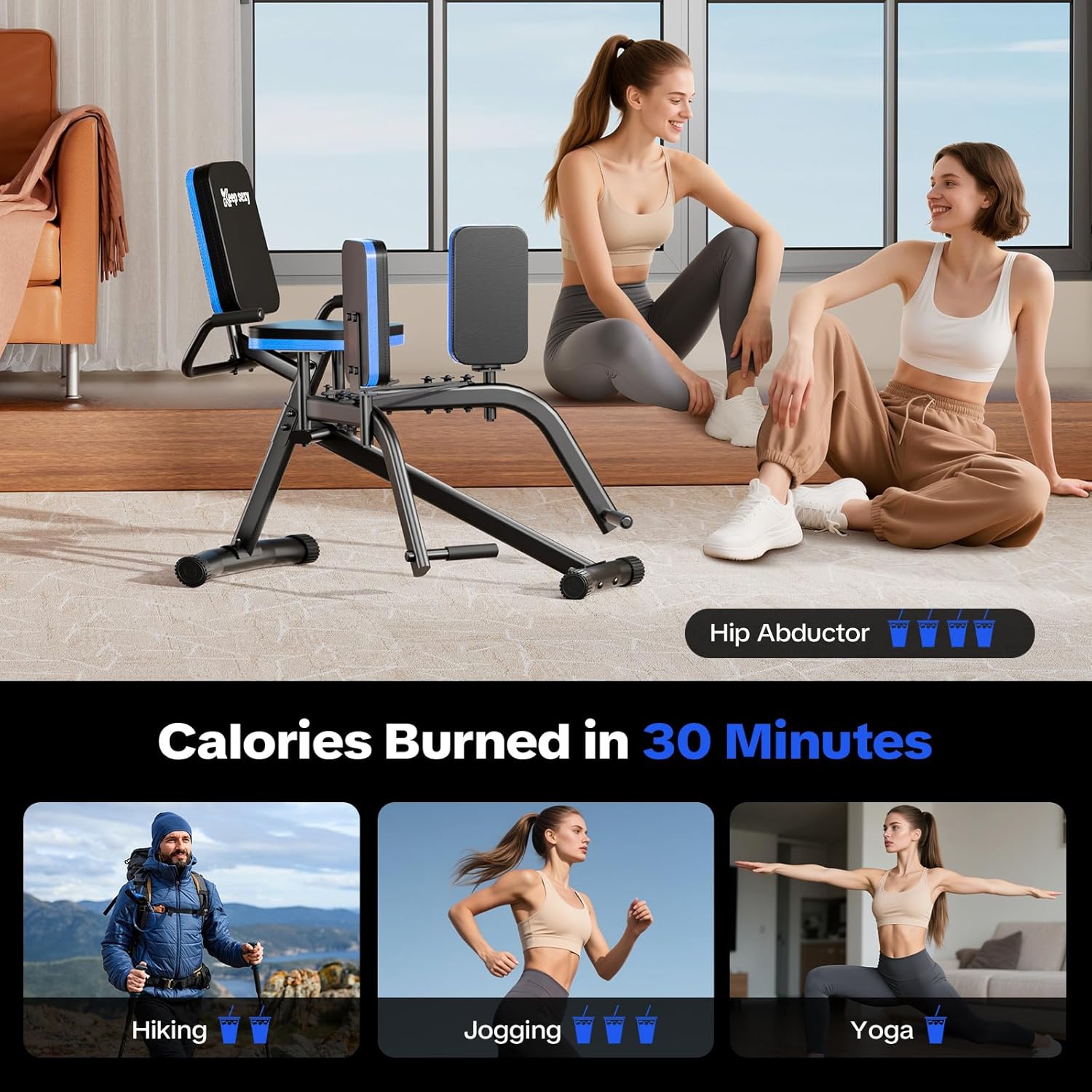 Hip Abductor Machine for Home Gym, 6-Level Thigh Exercise Equipment w/ Bonus Resistance Band | Compact Plush Padding Glute Machine, Booty Builder & Thigh Toner for Women Men