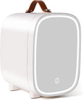 Mini Fridge for Bedroom, 4 Liter/6 Can Skincare Fridge With LED Mirror & Leather Carrying Handle,12v AC/DC Cooler & Warmer Portable Small Refrigerator for Drinks, Makeup, Dorm, Office and Car(White)