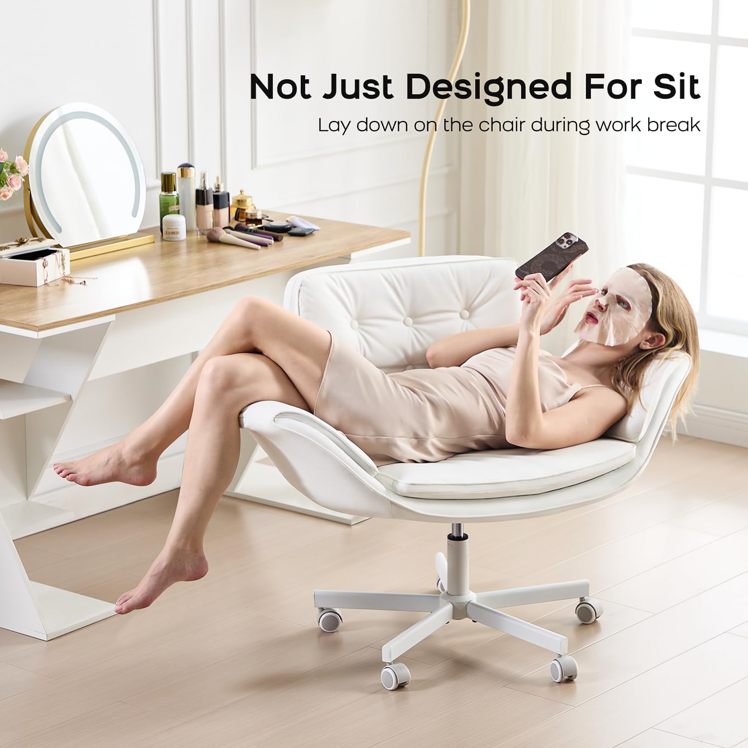 amseatec Criss Cross Chair with Armrests & Wheels, PU Leather Vanity Chair, Comfortable Adjustable Swivel Computer Office Desk Chairs for Home, Make Up, Bed Room (White)