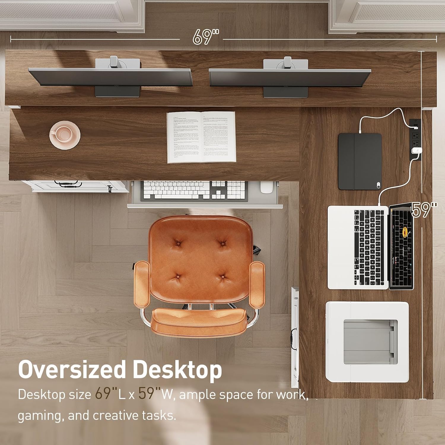 Farmhouse 69" Executive L Shaped Desk with Drawer, Home Office Desk with Charging Station, Corner Computer Desk with Monitor Stand, File Drawer, Storage Cabinet, White and Walnut