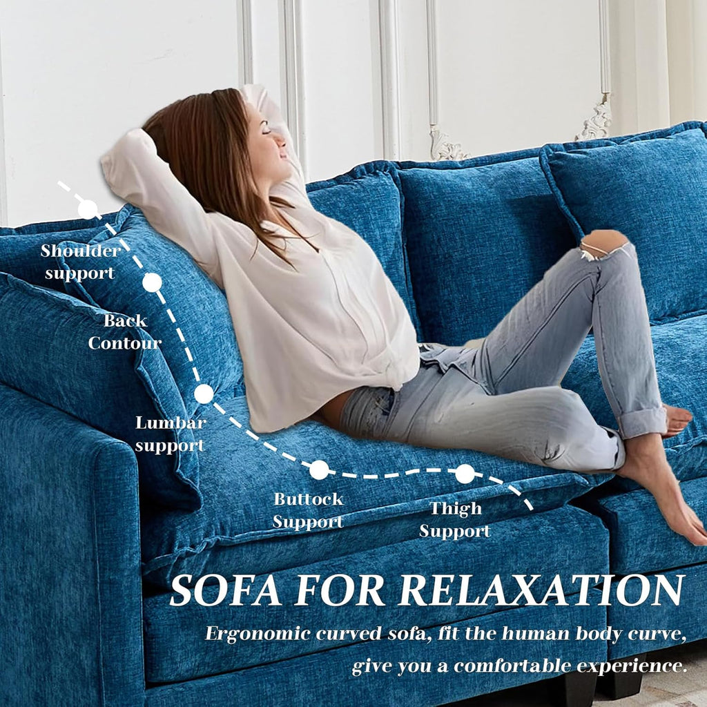 SoarFlash Chenille 77.95" Sectional Sofa, Comfy L Shaped Modular Coush Sofa with Ottoman, Modern 2 Seat Couch Deep Seat Sofa Set for Living Room,Blue