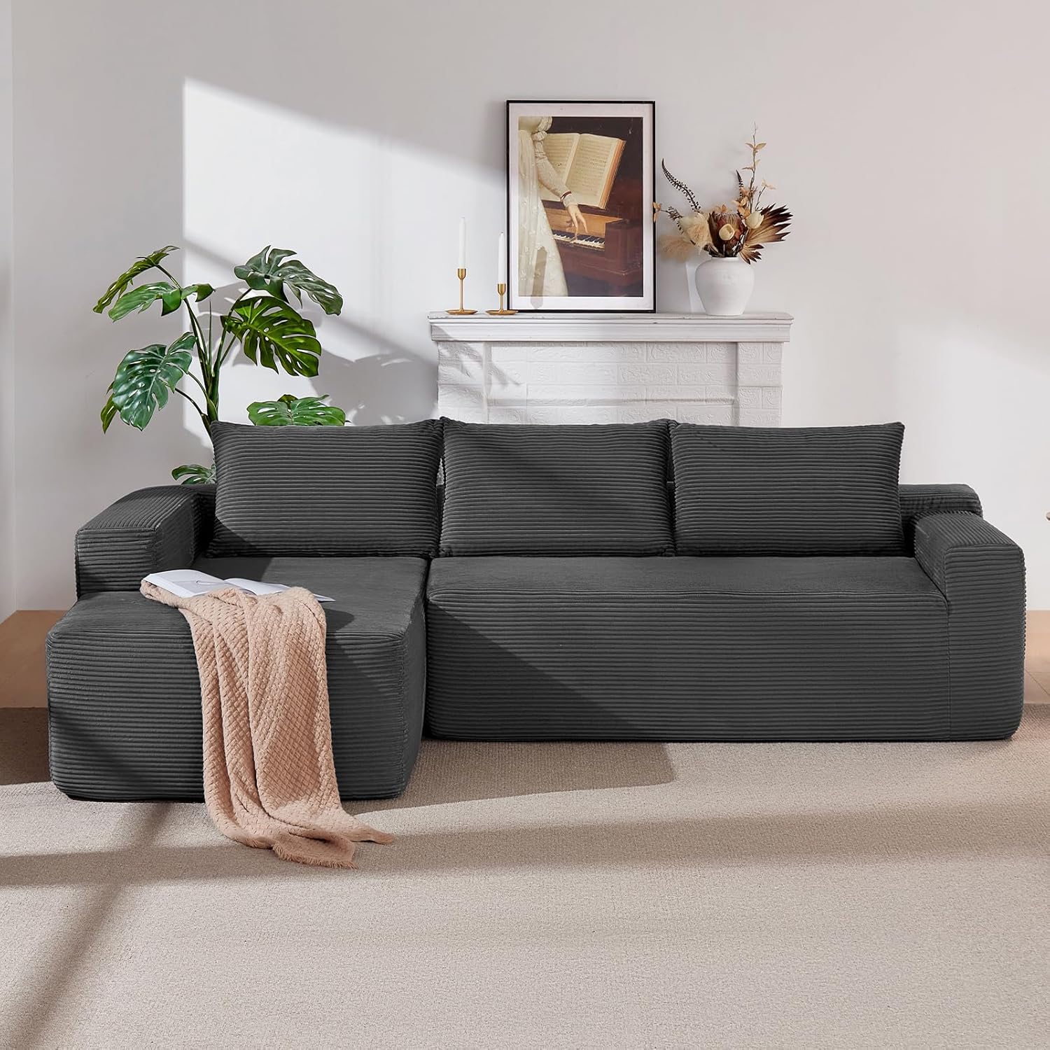 97" Cloud Sectional Couch, Modern Boneless Couch with L-Shape Chaise, Deep Seat Modular Sectional Sofa Corduroy Corner Foam Couches for Living Room,No Assembly Required(Dark Gray, Left Chaise