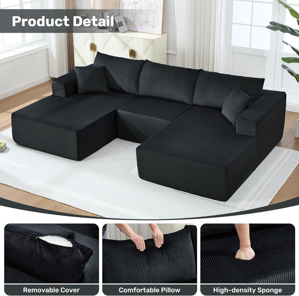 Modular Sectional Sofa,114" U-Shaped Boneless Sofa for Living Room,Oversized 3-Seater Deep Seat Cloud Couches,Corduroy Upholstered Corner Sofa Couch,No Assembly Required,Black