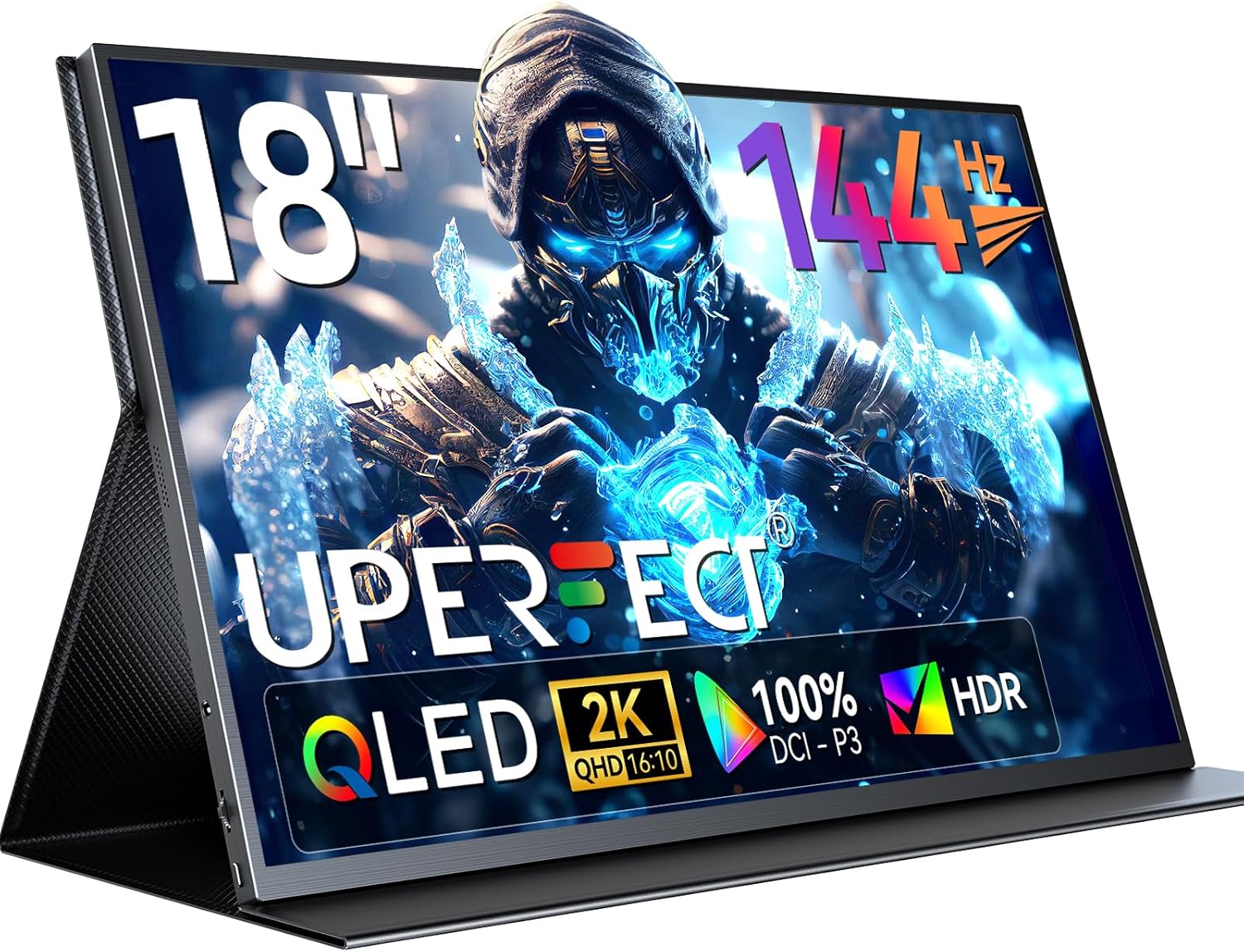 UPERFECT 18" QLED Portable Monitor  2K 2560×1600  144Hz Gaming Display  500 Nits Brightness  FreeSync HDR  100% DCI-P3  Ultra-Slim USB-C/HDMI Monitor for Laptop MacBook Phone Game Console  VESA Mount