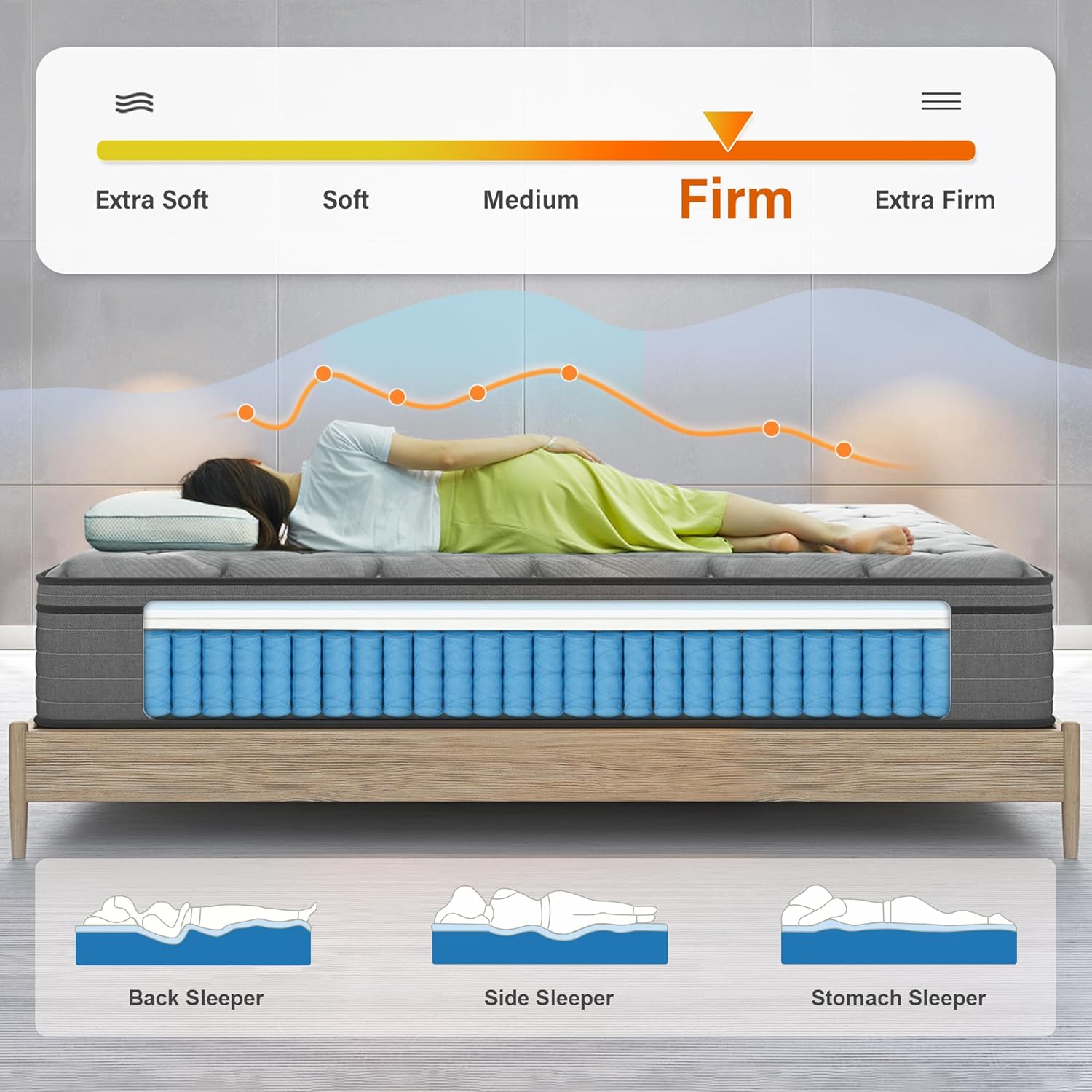 Firm King Mattress,12 Inch King Size Hybrid Mattress with Extra Lumbar Support for Back Pain Relief, Cool Sleep, Edge Support, Firm Pocket Spring with Motion Isolation, Fiberglass-Free