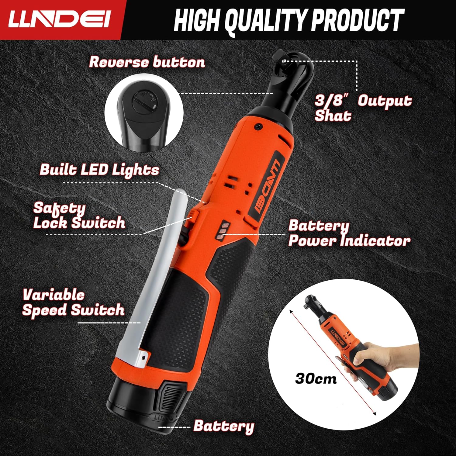 LLNDEI 3/8" 58Pcs Cordless Electric Ratchet Wrench Set with Socket Set,12V High Capacity Electric Wrench(40FT-LBS(55N.M)) with Adjustable Speed, LED Light for Battery.