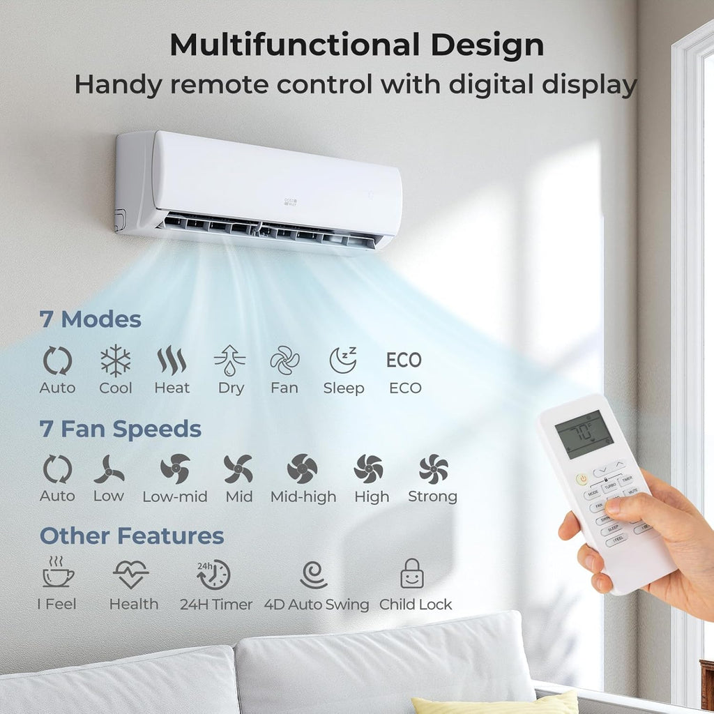 COSTWAY 11500 BTU Mini Split Air Conditioner, 115V 17 SEER2 Wifi Enabled Inverter Air Conditioner & Heater Pump System Cools Up to 750 Sq. Ft, Compatible with Alexa, w/Installation Kit