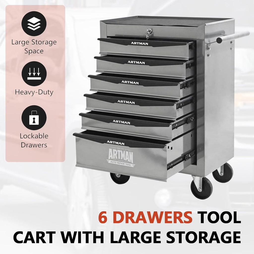 Iron-Top Rolling Tool Chest with Lockable Wheels and Side Handles, 7-Drawer Tool Storage Cabinet with Ball Bearing for Garage, Repair Shop, Required Assembly, Large Storage Capacity (Iron, 6-Gray)