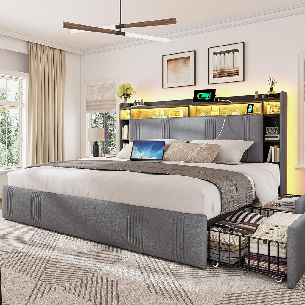 EnHomee King Size Bed Frame with 4 Storage Drawers, Upholstered Platform King Bed Frame with Multi-Tier Storage Headboard & LED Lights & Charging Station, No Noise, No Box Spring Needed, Grey