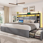 EnHomee King Size Bed Frame with 4 Storage Drawers, Upholstered Platform King Bed Frame with Multi-Tier Storage Headboard & LED Lights & Charging Station, No Noise, No Box Spring Needed, Grey