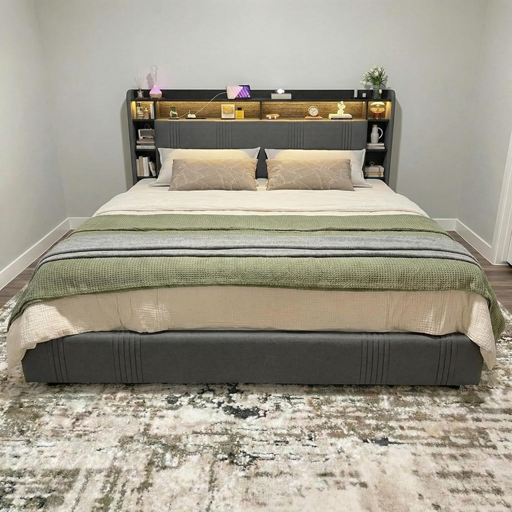 EnHomee King Size Bed Frame with 4 Storage Drawers, Upholstered Platform King Bed Frame with Multi-Tier Storage Headboard & LED Lights & Charging Station, No Noise, No Box Spring Needed, Grey