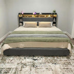 EnHomee King Size Bed Frame with 4 Storage Drawers, Upholstered Platform King Bed Frame with Multi-Tier Storage Headboard & LED Lights & Charging Station, No Noise, No Box Spring Needed, Grey