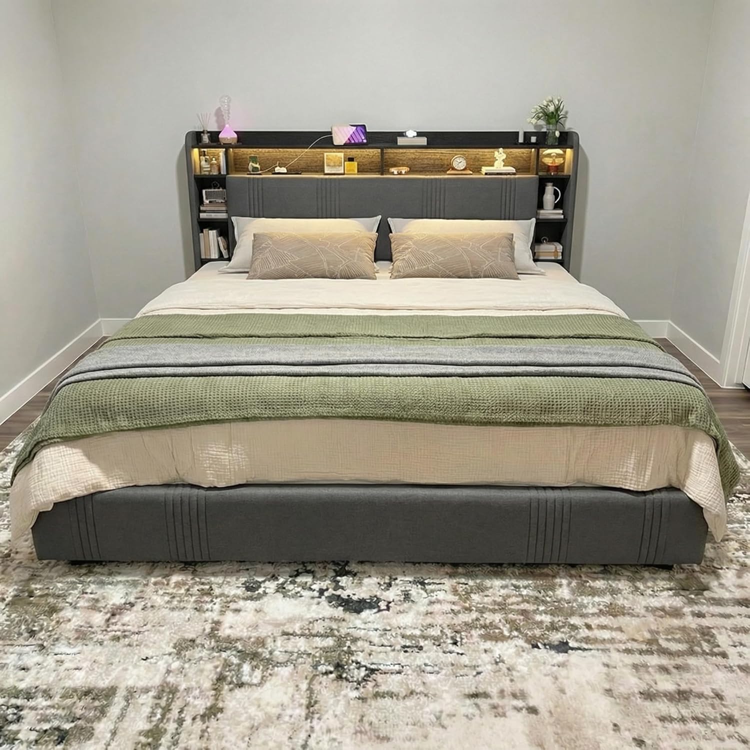 EnHomee King Size Bed Frame with 4 Storage Drawers, Upholstered Platform King Bed Frame with Multi-Tier Storage Headboard & LED Lights & Charging Station, No Noise, No Box Spring Needed, Grey