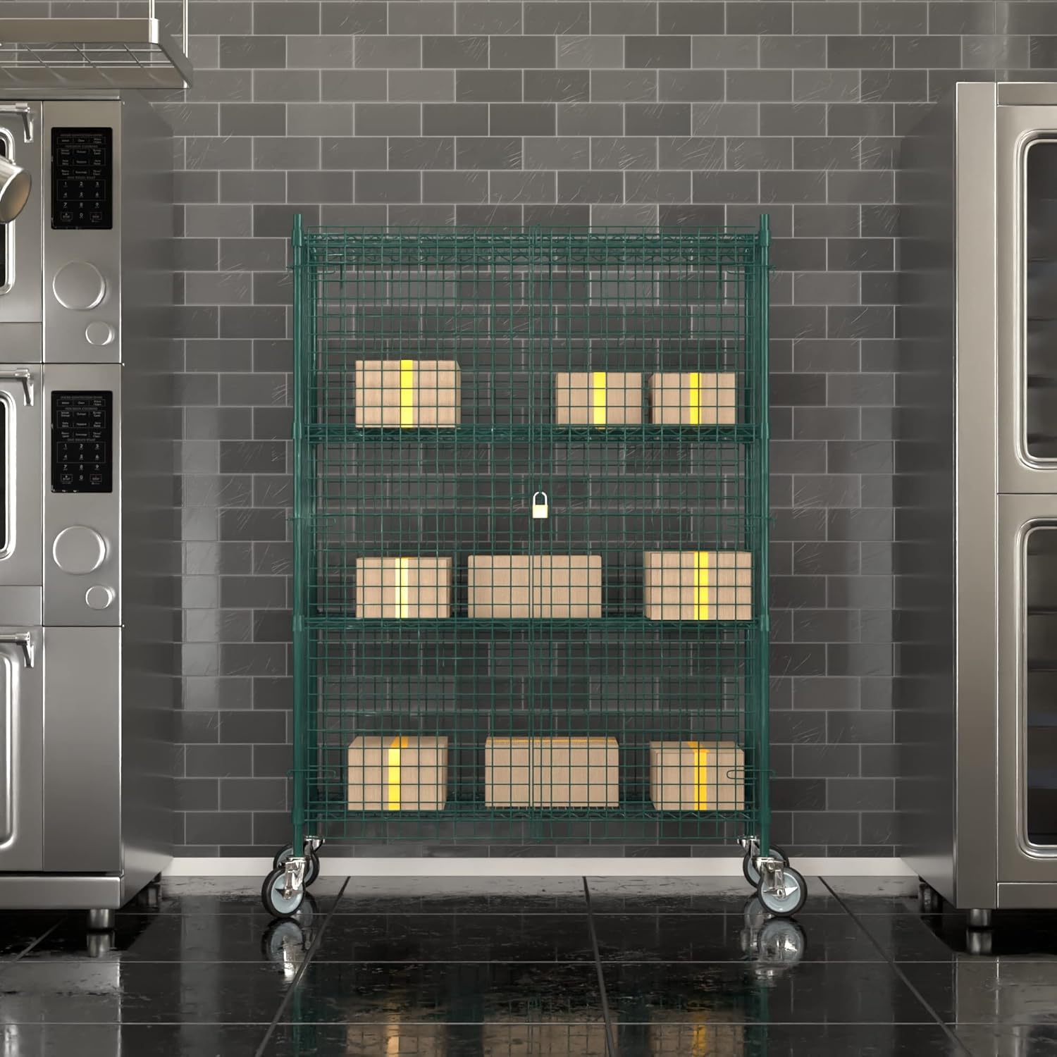 Commercial Grade NSF Listed Metal Wire Mesh Storage Green Epoxy Mobile Security Cage Kit, 18" x 48" x 70", Perfect for Warehouse, Walk-in Refrigerator, Freezer, Grocery Store, Restaurant, Dishroom