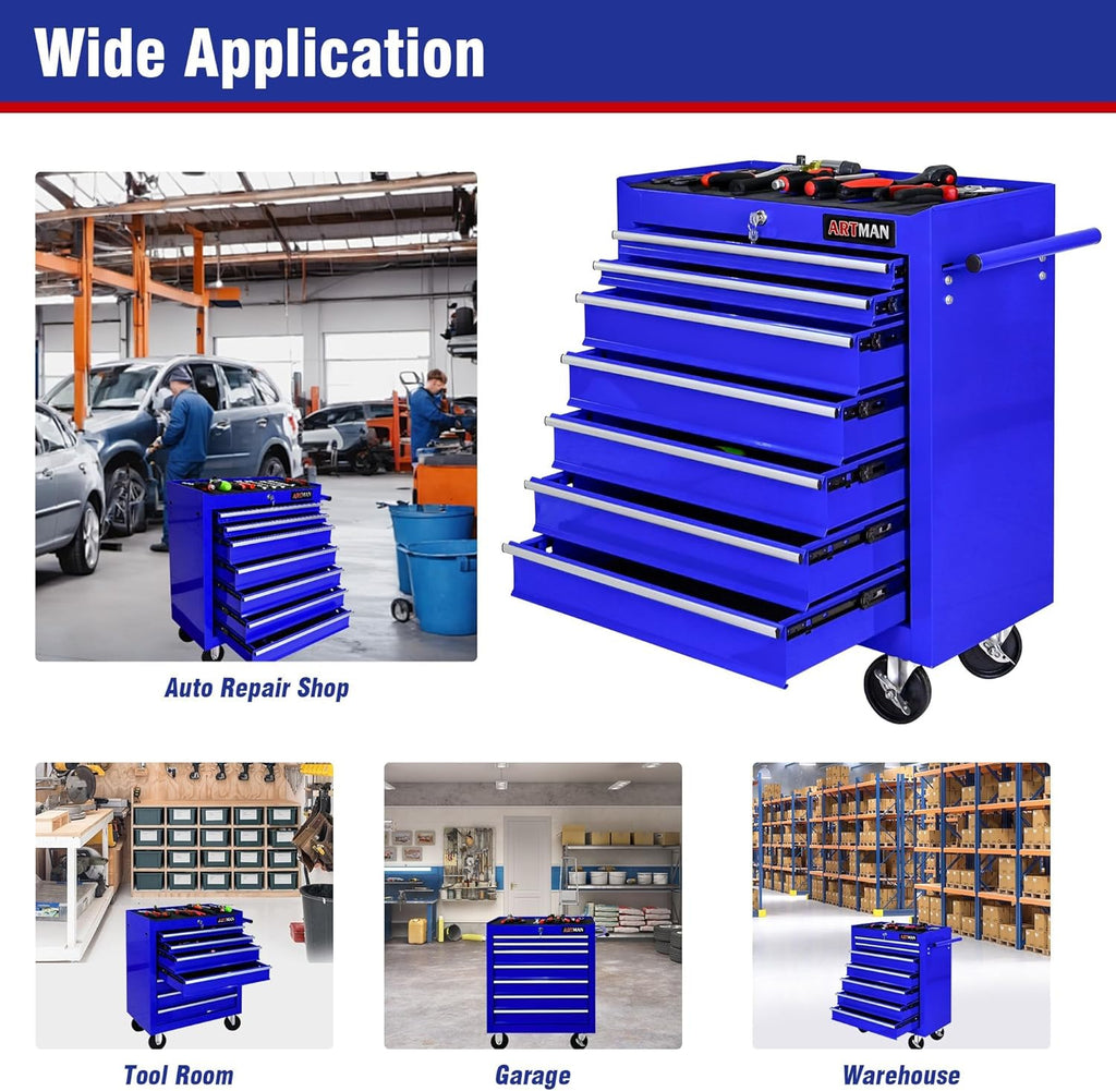 7 Drawers Rolling Tool Cart on Wheels, Multifunctional Organizer Tool Chest Tool Case, Trolley Tool Storage Tool Box for Workshop,Garage,Repair Shop (7 Drawers 24.2" W×12.9" D×29.9" H-Blue)